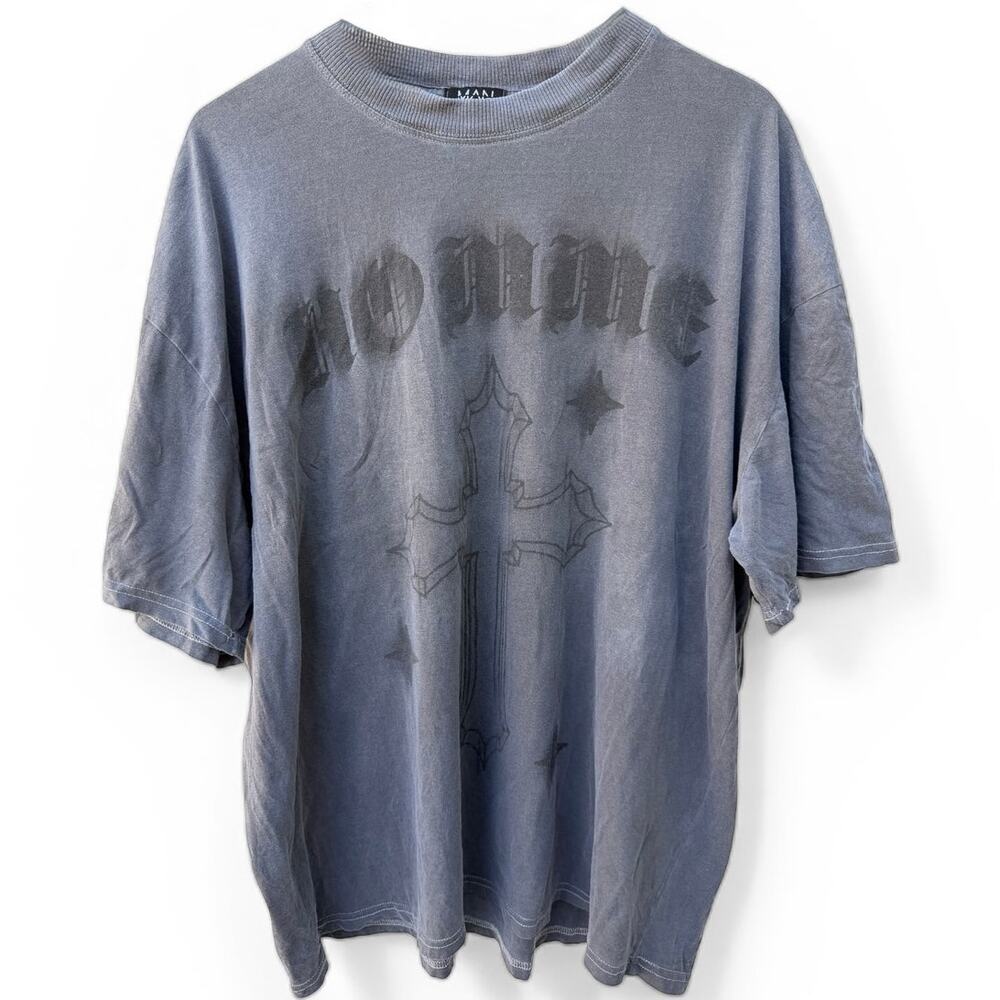 BoohooMAN Oversized T-Shirt Mens 2XL Blue Gothic Graphic Streetwear Tee